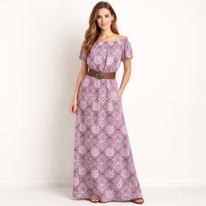 LOFT Maxi Dress SIZE Large Patchwork Floral Short Sleeve Off-the-Shoulder NEW!